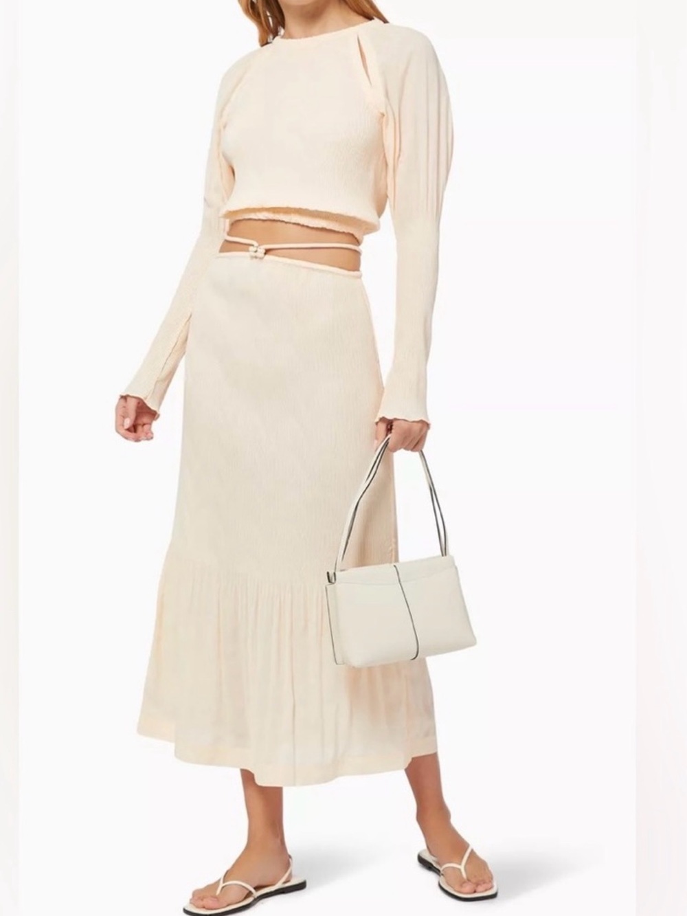 Jonathan Simkhai Cream Ribbed Midi Skirt with Flounce Hem